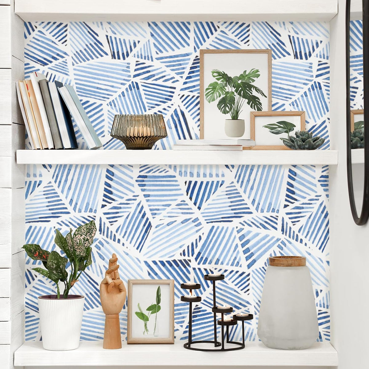 Blue Geometric Peel and Stick Wallpaper, Brushstroke Pattern, Self-Adhesive Waterproof Contact Paper, 17.3 Inch X 6.5 Feet