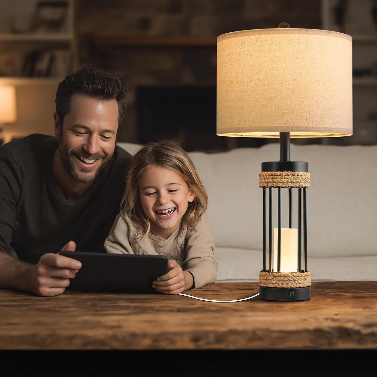 25" Table Lamps Set of 2, Rustic Lamps with USB C+A Charging Ports, Black Metal Lamp with Rope Accent and Frosted Glass