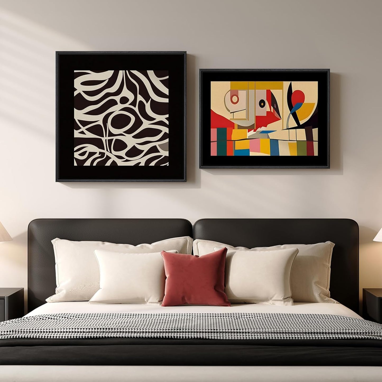 Framed Black Colorful Abstract Wall Art for Living Room, Set of 2 Mid Century Modern Geometric Line Artwork for Walls, 24X24 & 24X18 In