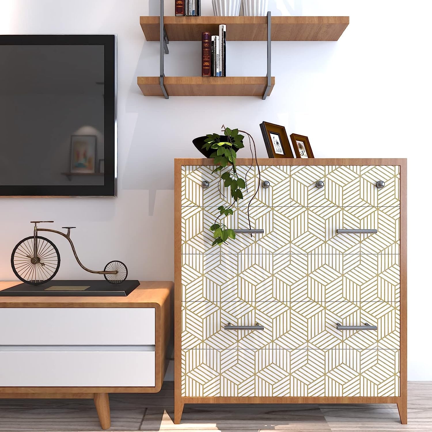 Gold and White Geometric Wallpaper Peel and Stick Hexagon 