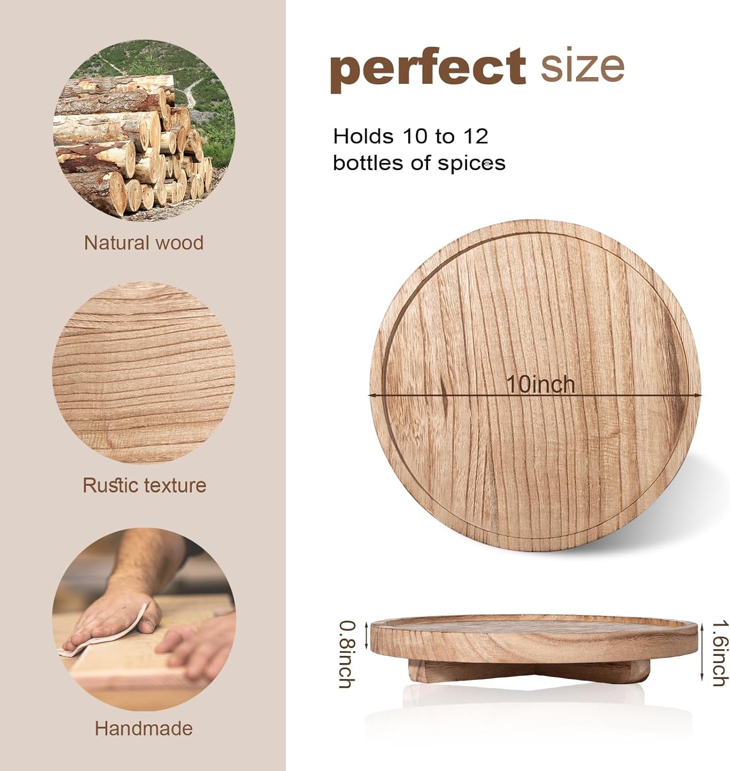 Round Decorative Tray, Wood Counter Organizer Farmhouse Kitchen Decor, "10" - Brown