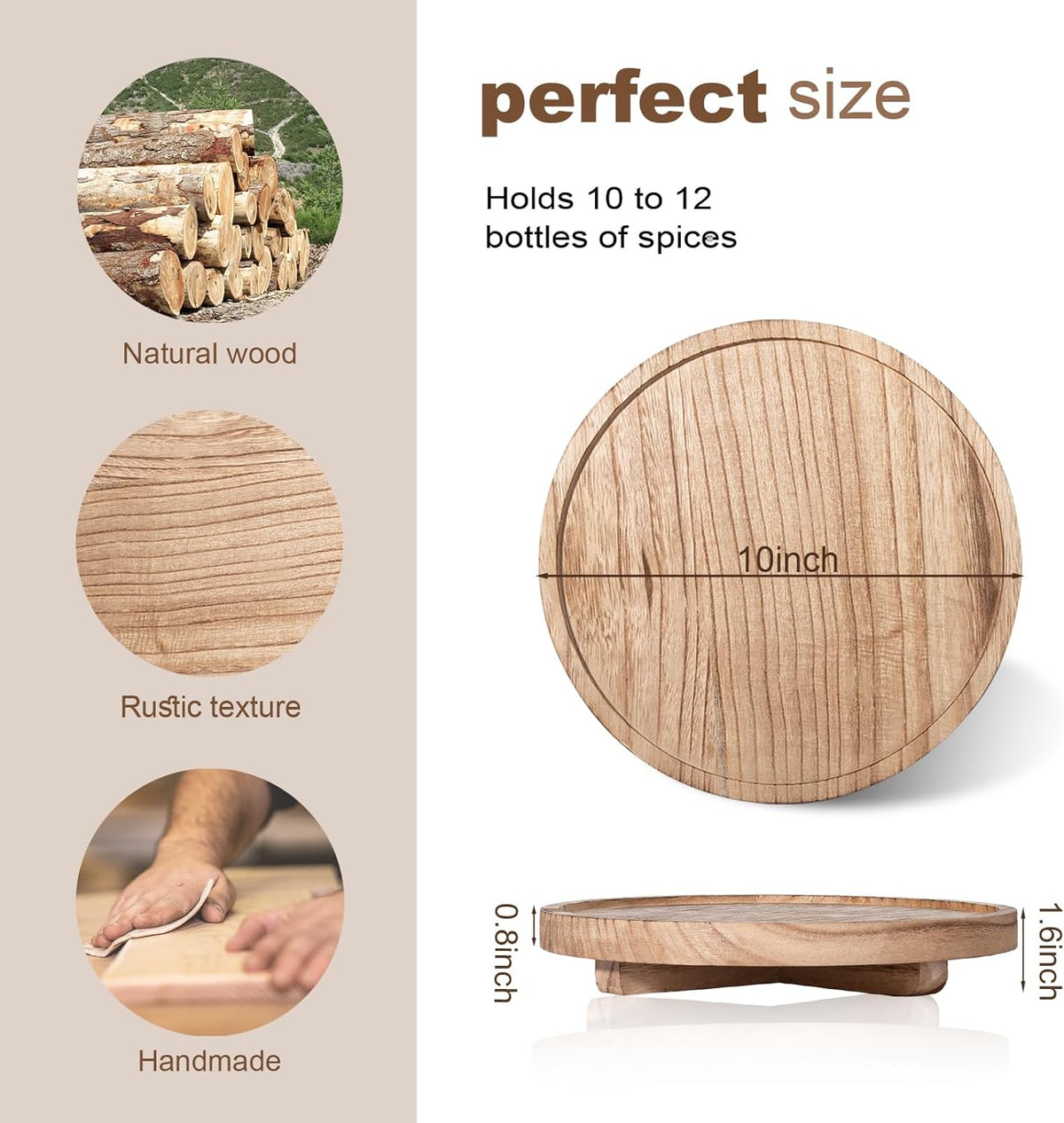 Round Decorative Tray, Wood Counter Organizer Farmhouse Kitchen Decor, "10" - Brown