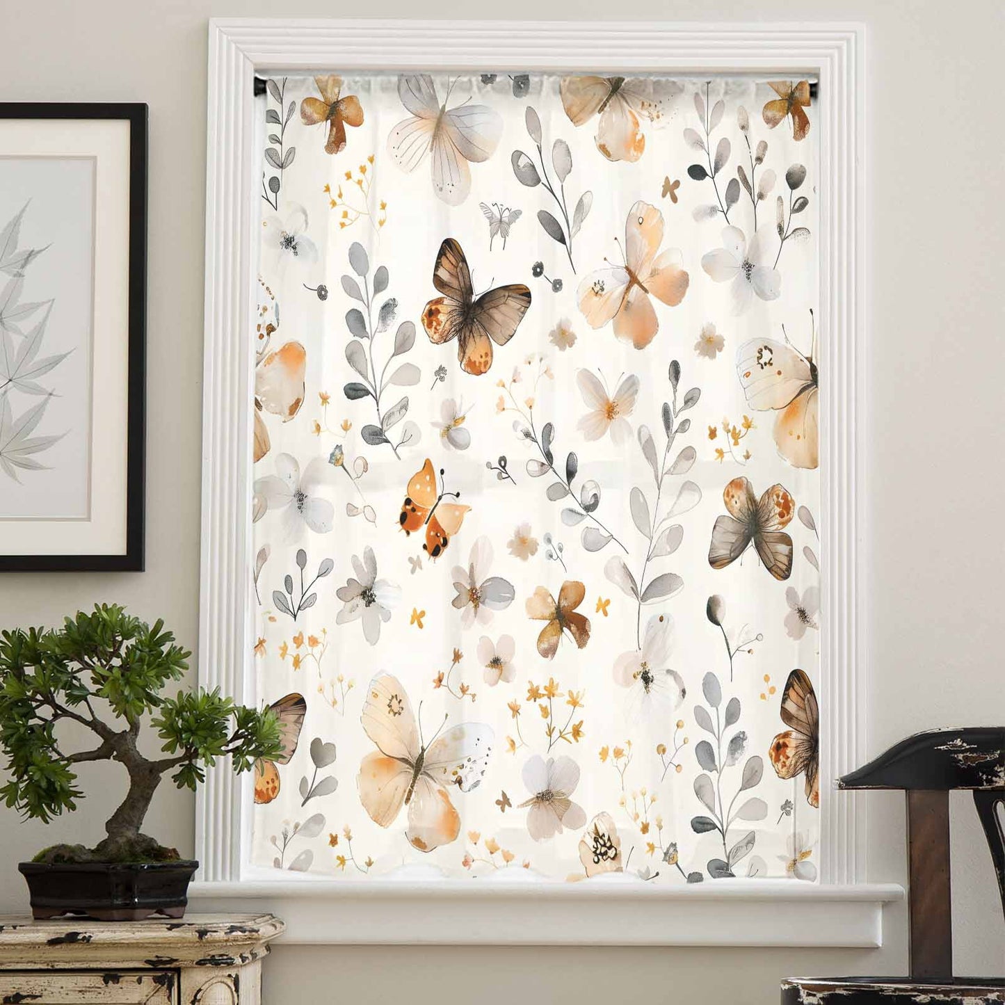 Retro Spring Floral Semi Sheer Curtains Drapes, French Doors Window 63 Inches Long, Brown Butterfly Botanical Rod Pocket Chiffon Curtain Drapery Voile Draperies Panel