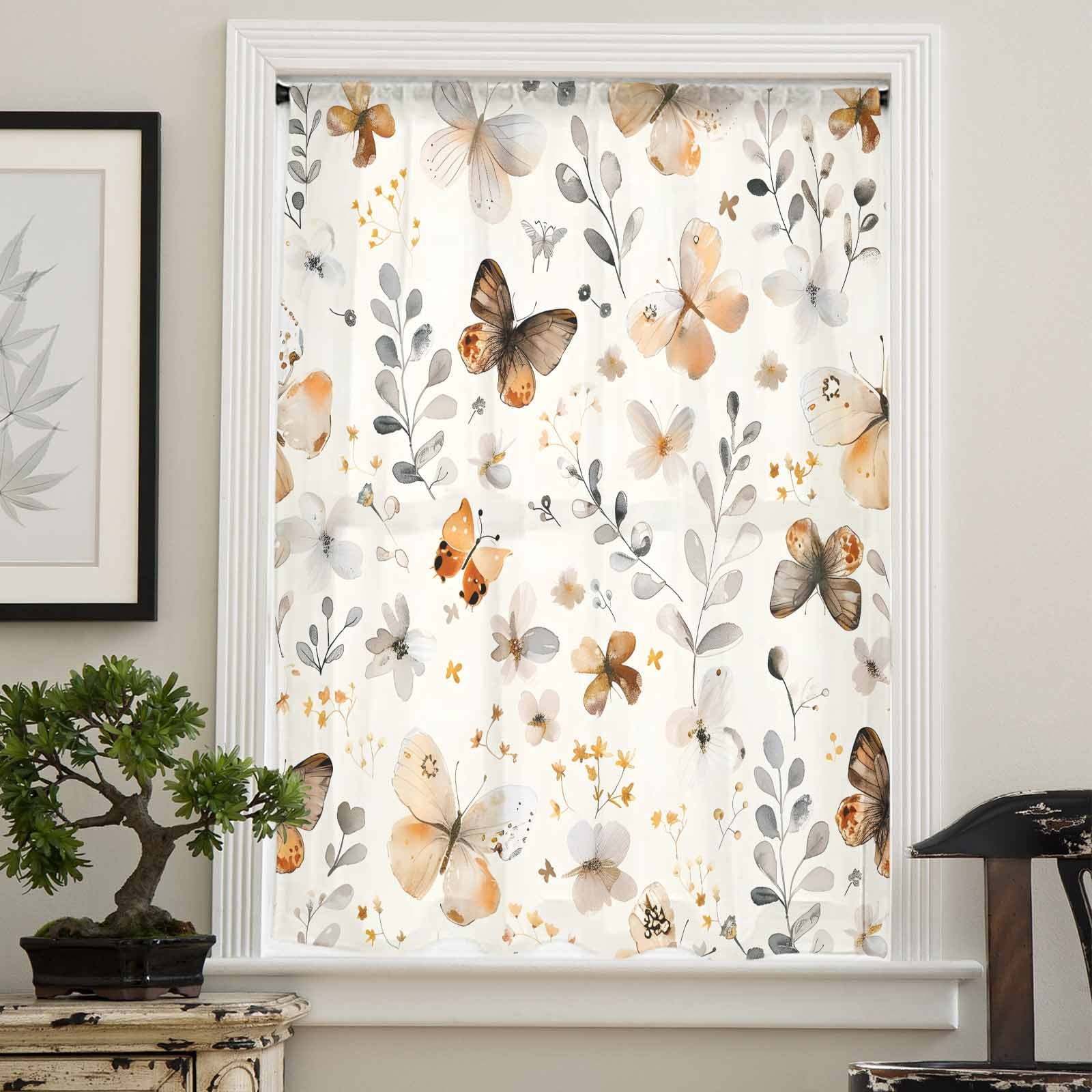 Retro Spring Floral Semi Sheer Curtains Drapes, French Doors Window 63 Inches Long, Brown Butterfly Botanical Rod Pocket Chiffon Curtain Drapery Voile Draperies Panel