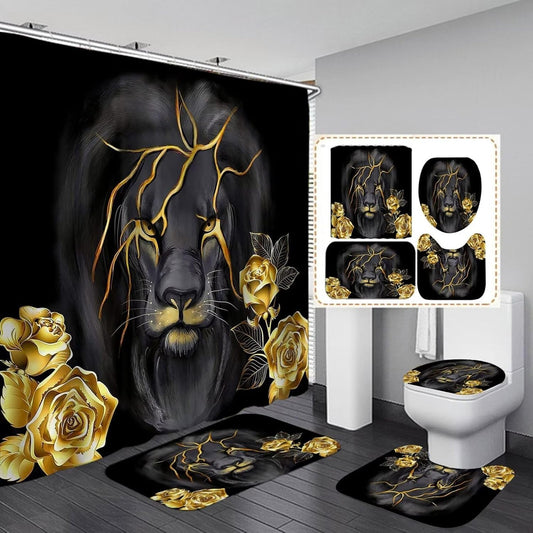 4 PCS Gold Rose Lion Bathroom Set with Shower Curtain and Rugs