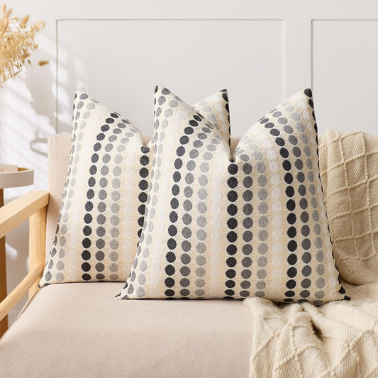 Boho Throw Pillow Covers 18X18 Set of 2, Geometric Polka Dots Decorative Pillowcases for Couch, Sofa, Bed & Living Room,Gray White Neutral Textured Accent Home Decor