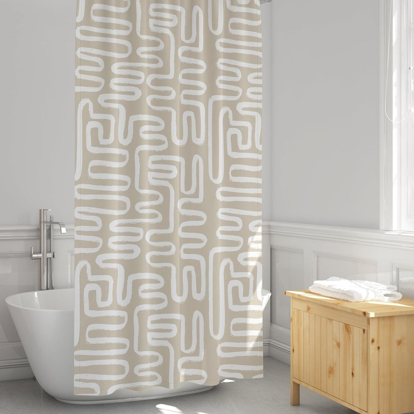 Linen Beige White Abstract Print Shower Curtain - Boho Pattern - Modern Minimalist Home Decor - Neutral Scandi Style, 72X72 Inches (Linen Lines)