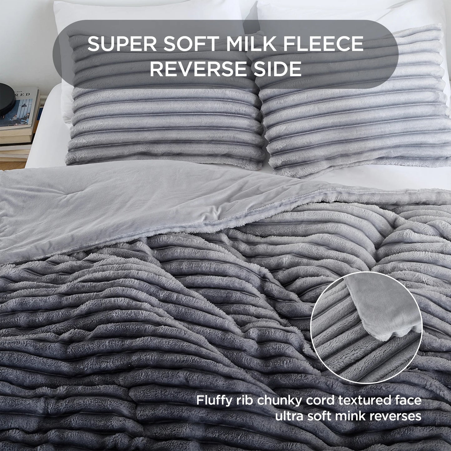 Full/Queen Size Comforter Set, Fluffy Ribbed Plush Comforter Set, 3-Piece Bedding Set, Grey Ombre