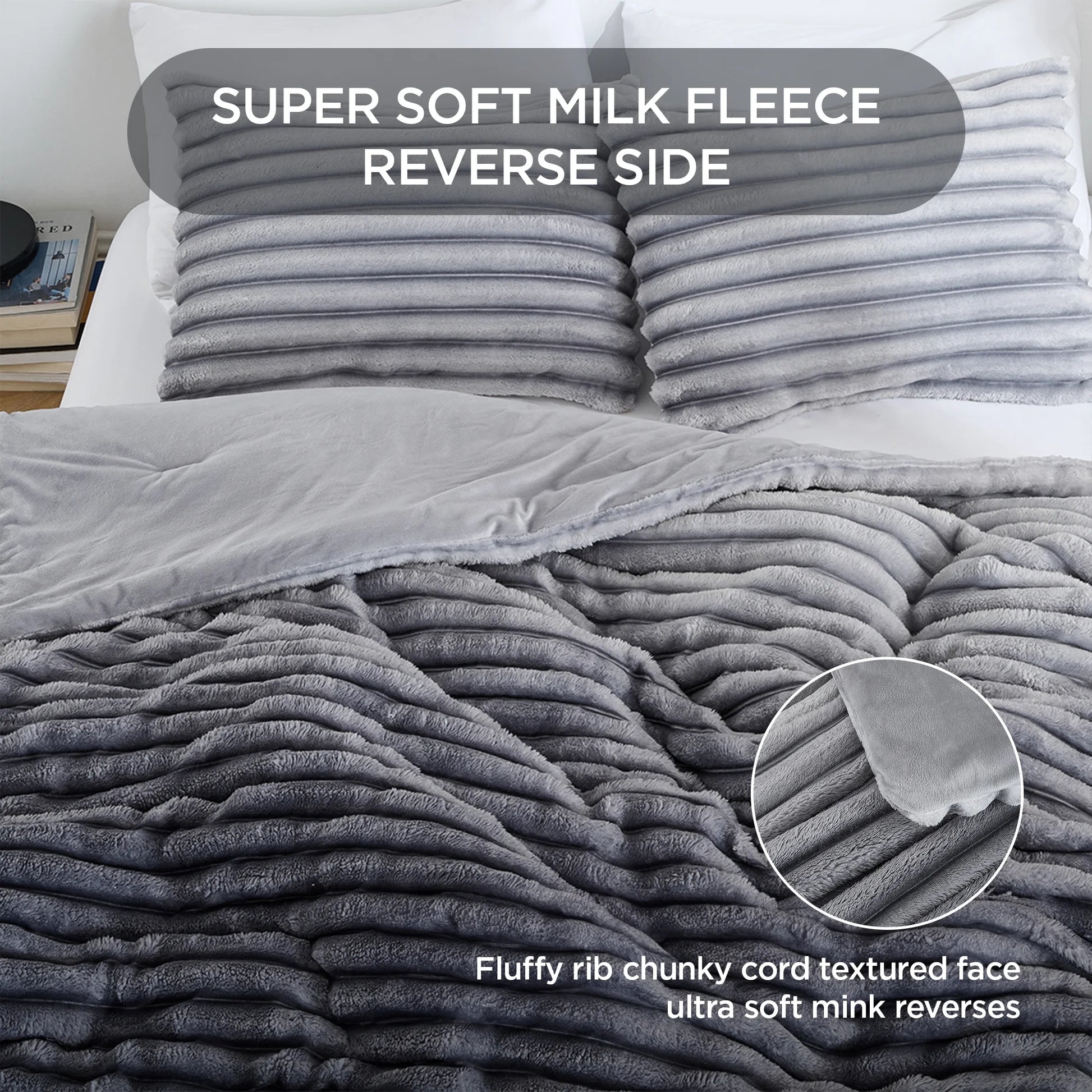 Full/Queen Size Comforter Set, Fluffy Ribbed Plush Comforter Set, 3-Piece Bedding Set, Grey Ombre