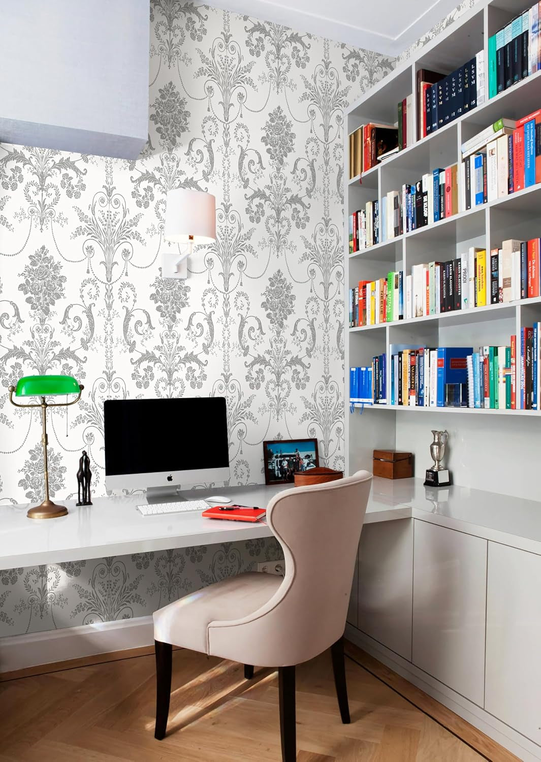 Silver Gray Damascus Wallpaper Floral Damask Peel and Stick Wallpaper Boho Grey Flower Contact Paper Removable 17.3" X 197"