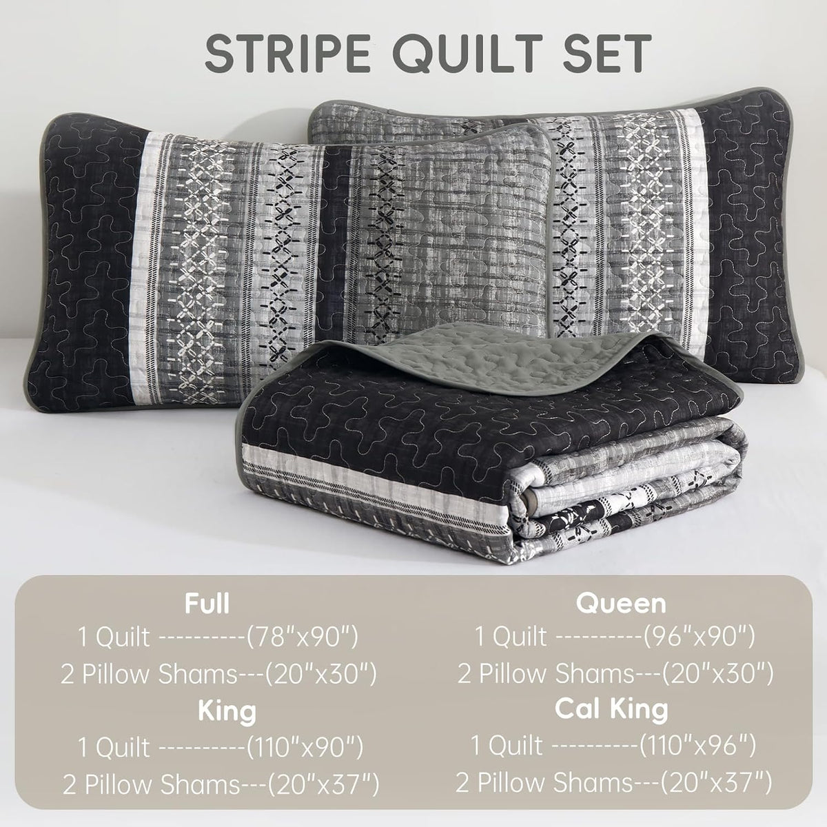 Quilt King Size,Black Grey Patchwork Striped Bedspread 3 Pcs