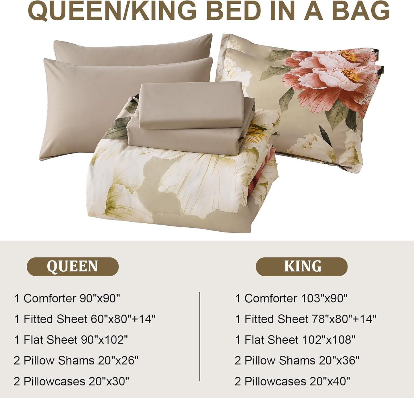 King Size Comforter Set 7 Piece Bed in a Bag, Pink Floral Printed on Khaki Comforter Set with Sheets, Set for All Season