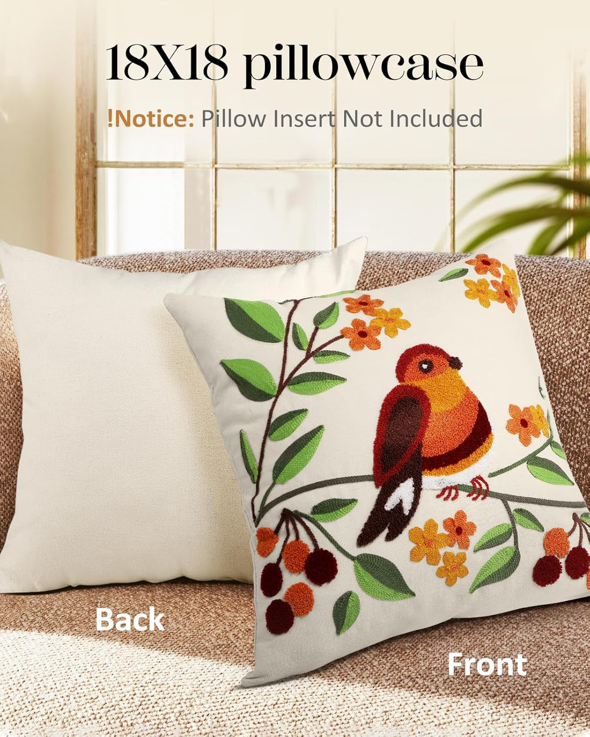 Embroidered Throw Pillow Covers - 18X18 Decorative Pillow Covers with Zipper Aesthetic Cute Design, Tree Bird
