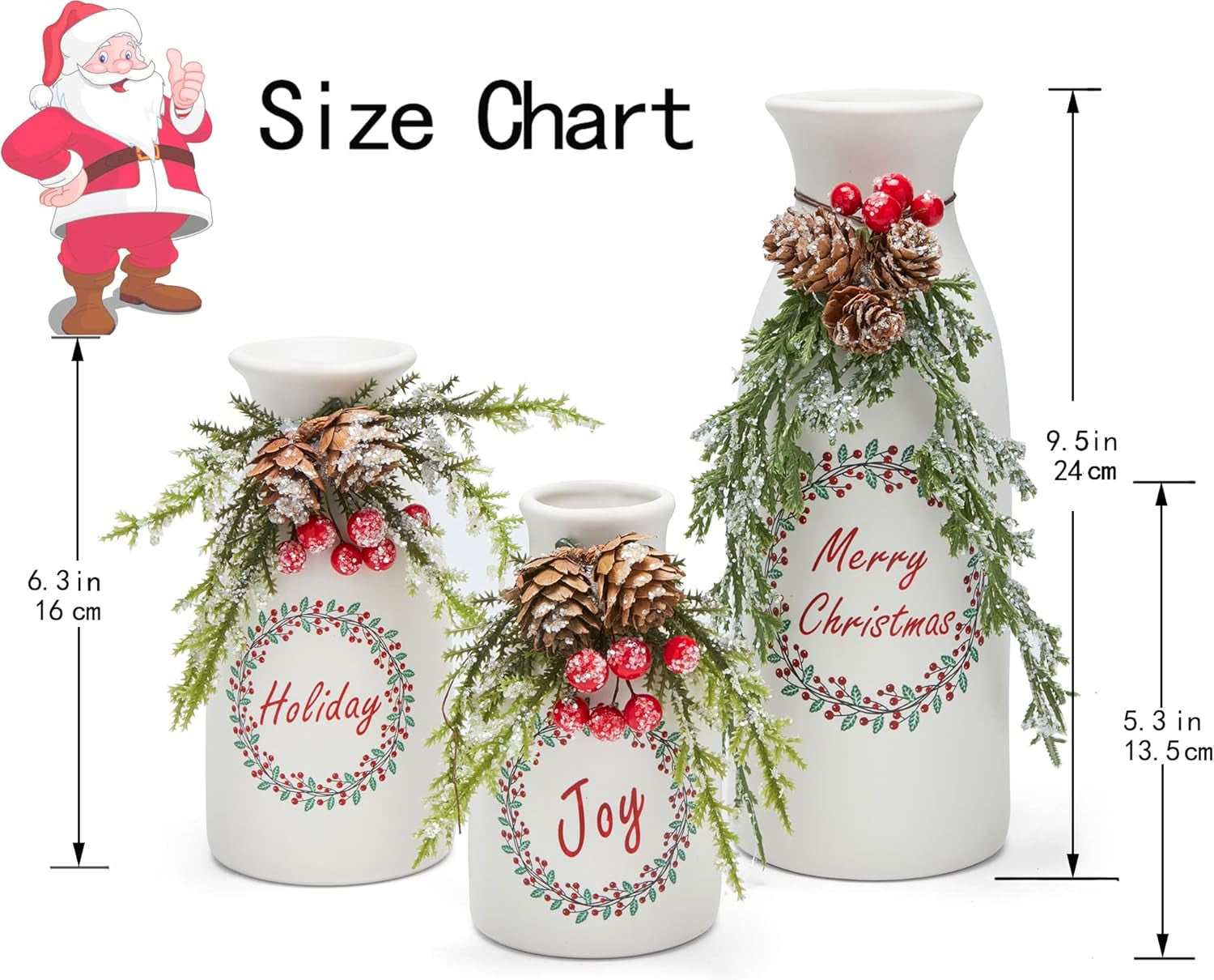 Artificial Christmas 3-Piece Set Flocked with Mixed Xmas Decorations Ceramic White Bottles