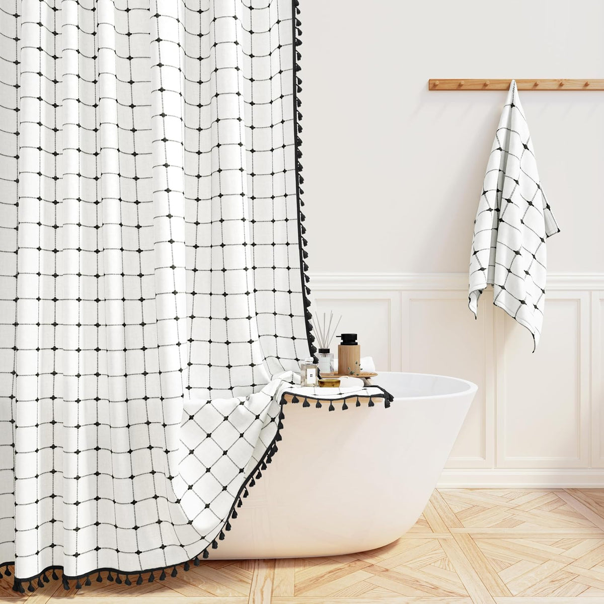 White and Black Long Boho Farmhouse Linen Cloth Shower Curtain, 72X84
