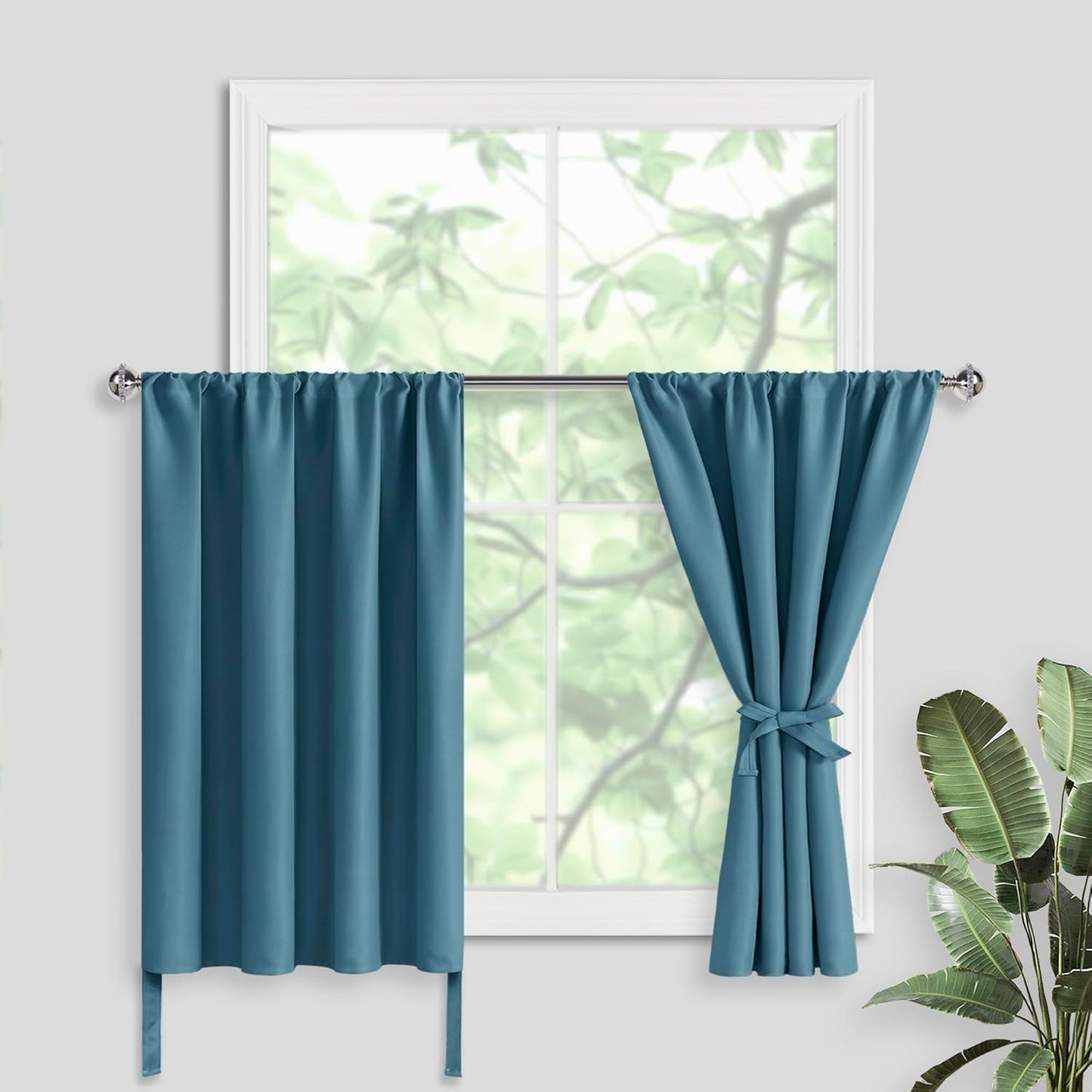 Short Blackout Curtains for Small Window - Cafe Room Darkening Privacy Thermal Insulated Window Curtains Tiers, W 42 X L 36, Set of 2 Panels with Tiebacks, Stone Blue