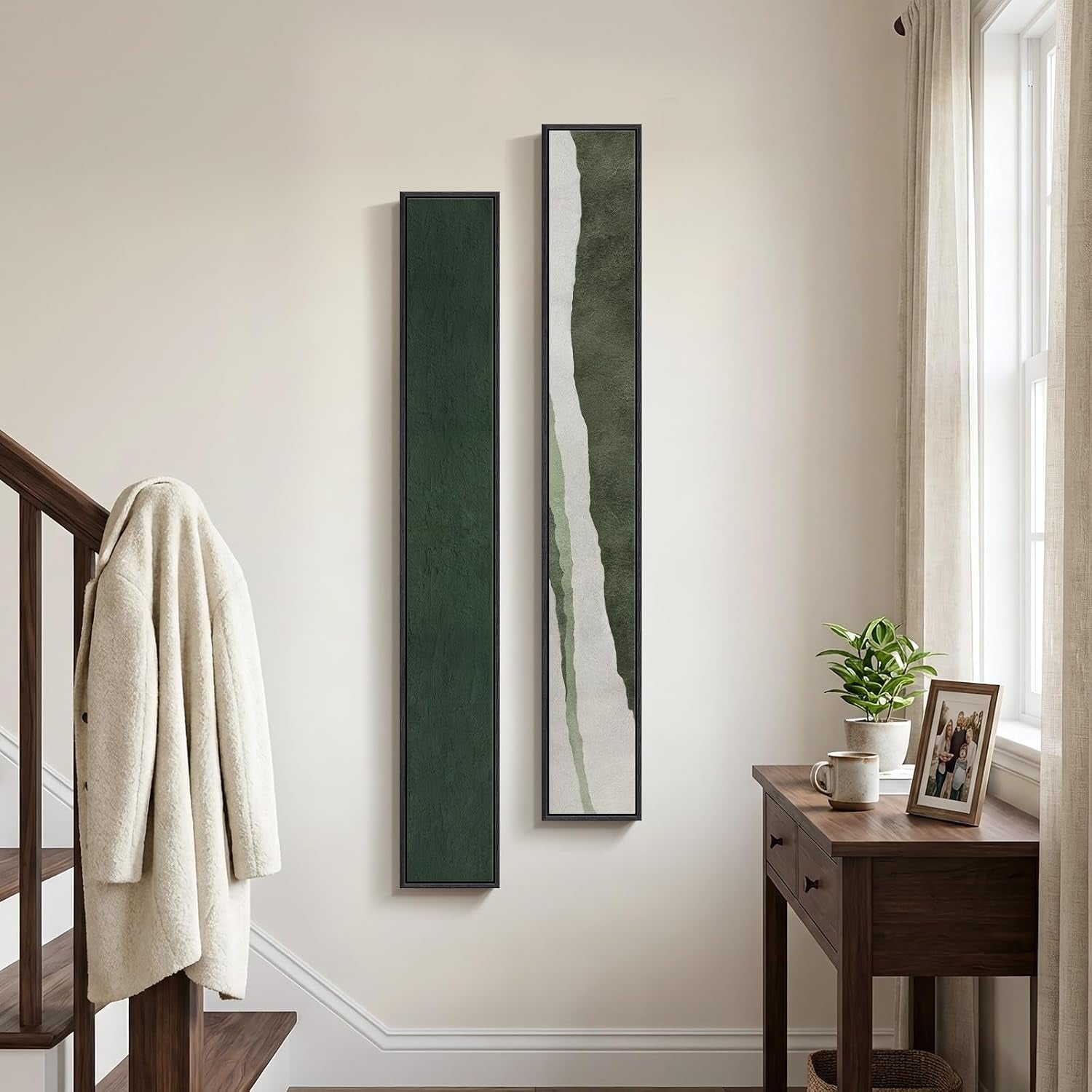 Framed Green White Vertical Abstract Wall Art Decor for Hallway, 2 Piece Long Narrow