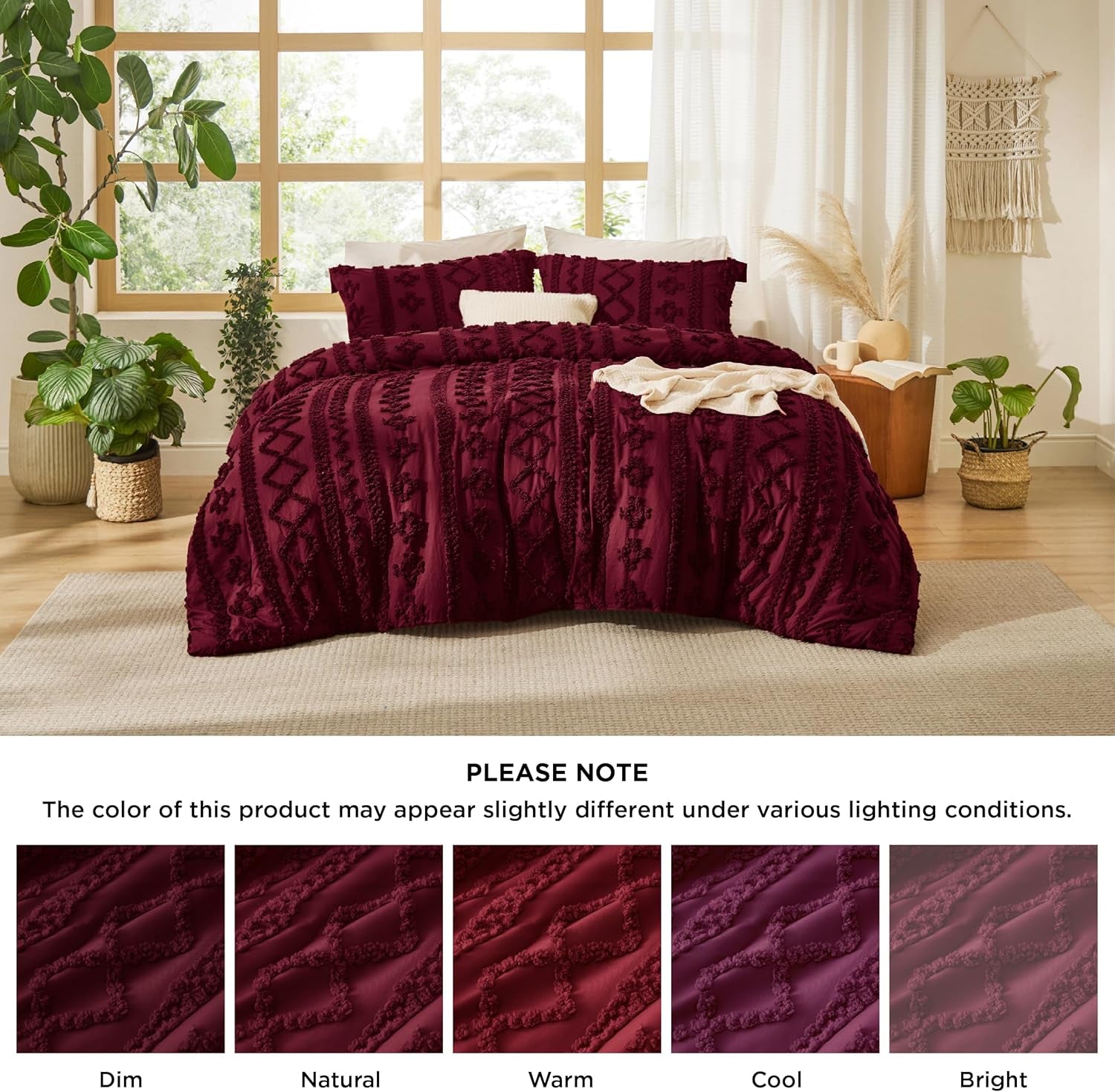Tufted Boho Comforter Set Twin Size - Dark Red Boho Bed Set, Gentle soft™ 2 Pieces Farmhouse Shabby Chic Embroidery Bedding, Soft Jacquard Twin Comforter for All Seasons