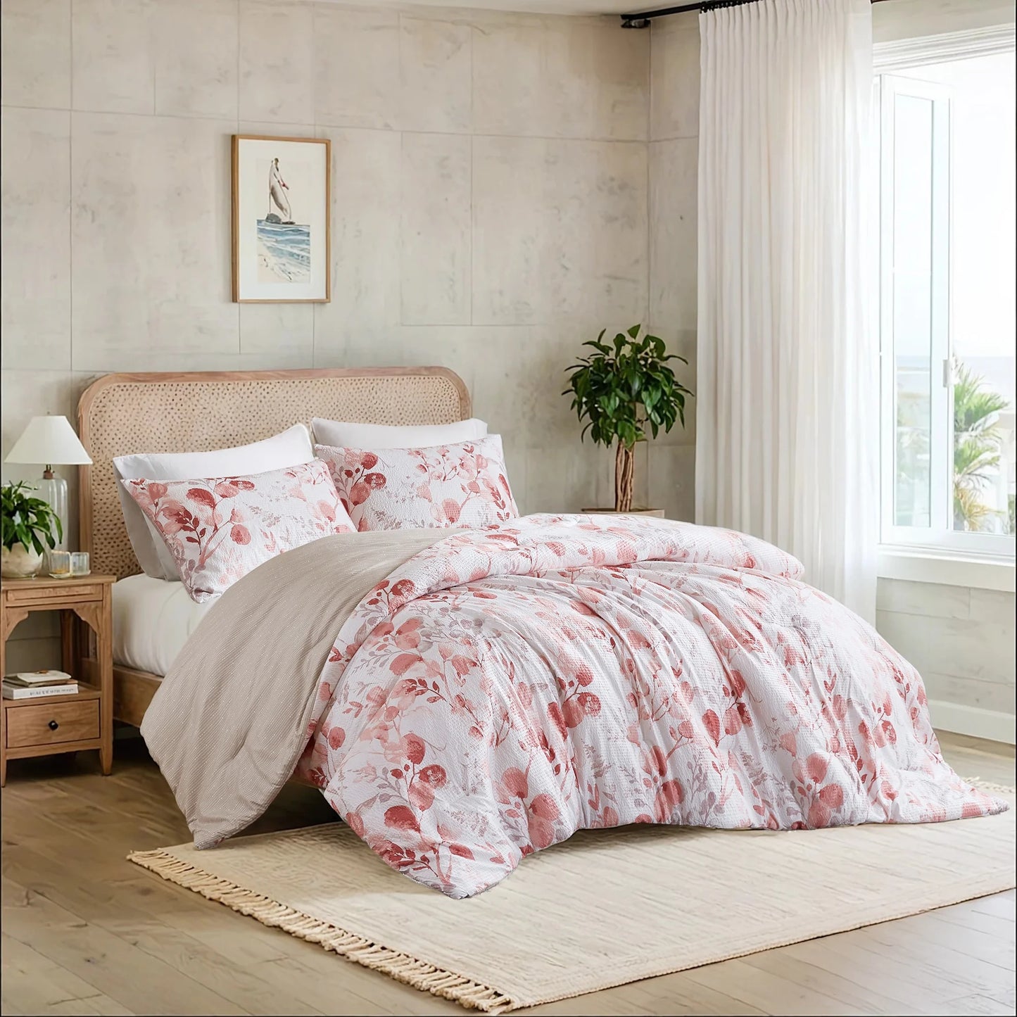 King/Cal King Comforter Sets, Reversible Seersucker Floral Bedding Sets, 3 Piece Lightweight Pink Blush Botanical Flowers Comforter Bed Set 