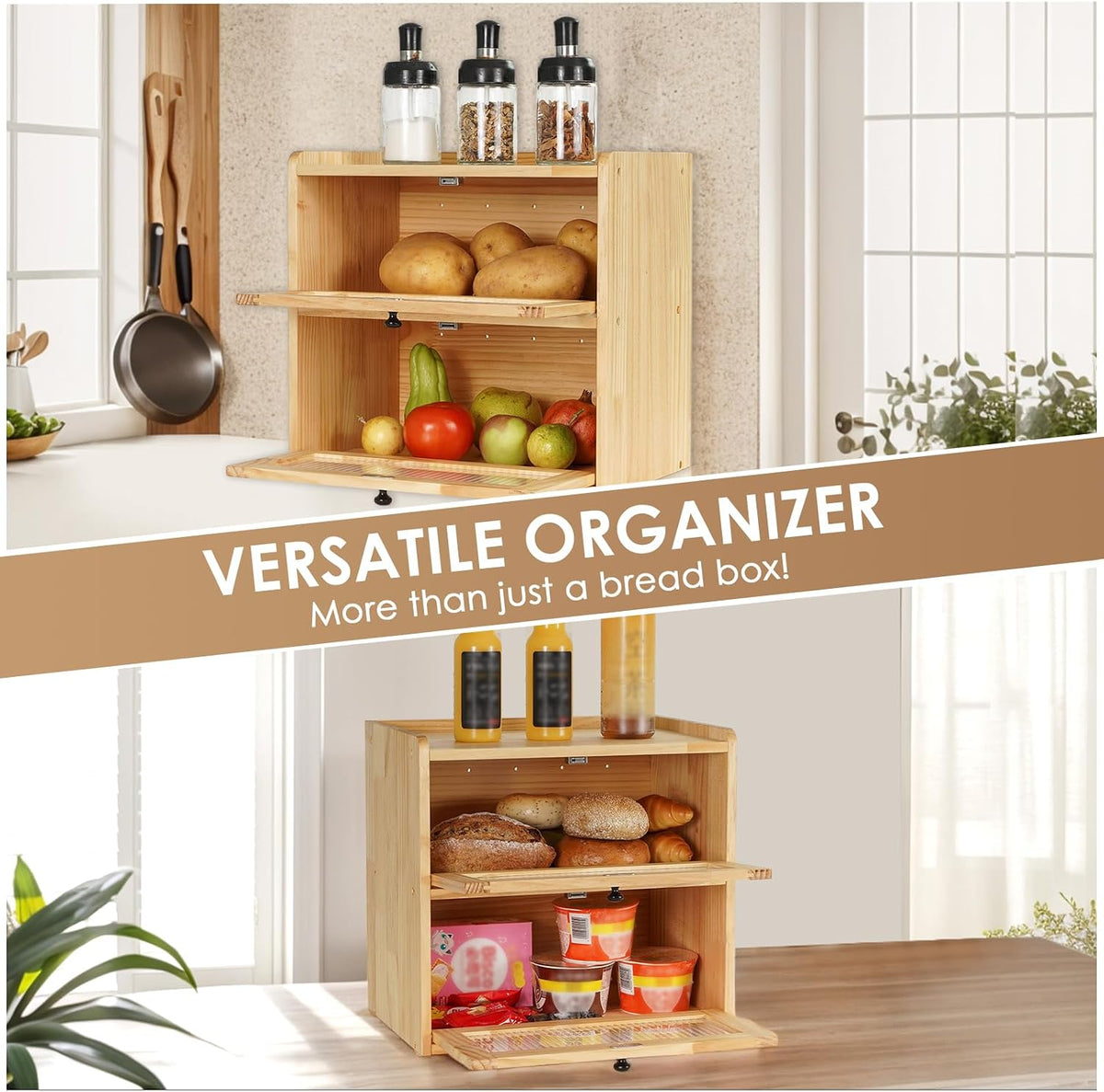 Large 2 Layer Bread Box for Kitchen Countertop, Wooden Bread Storage Container Bin (Wood Color）