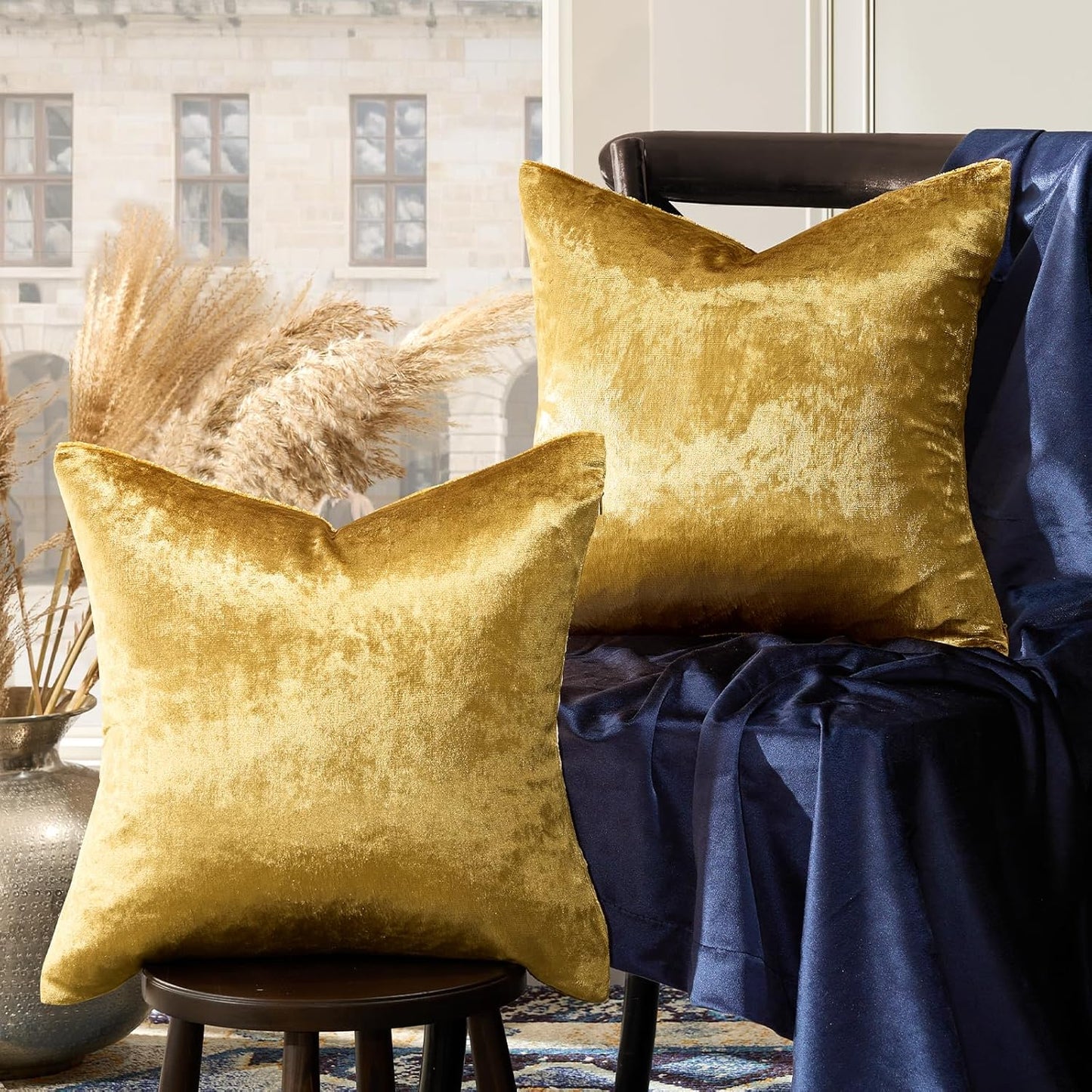 Gold Velvet Decorative 20X20 Throw Pillow Covers for Sofa Bed 2 Pack Soft Cushion Cover