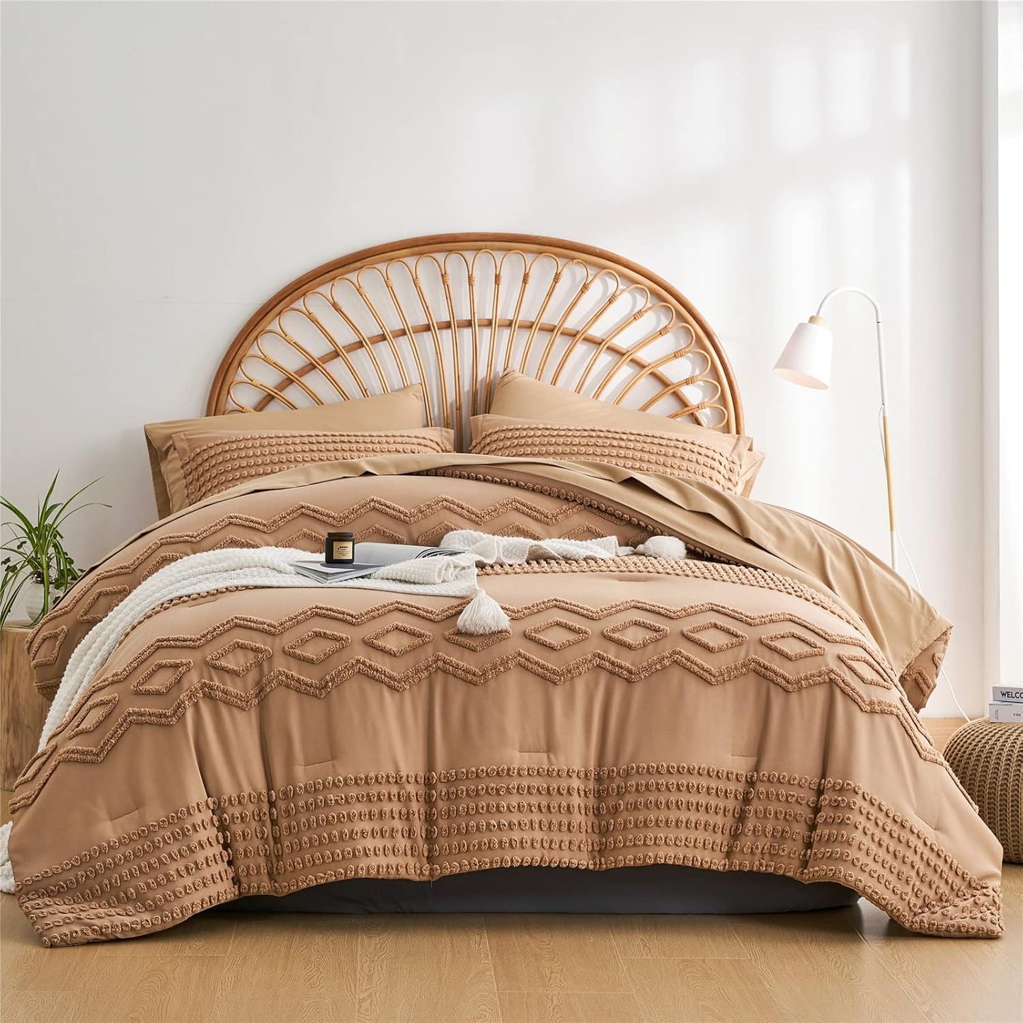 Khaki Tufted Comforter Set, King Size 7 Piece Bed in a Bag, Shabby Chic Boho Comforter and Sheet Set, All Season (Khaki,King)