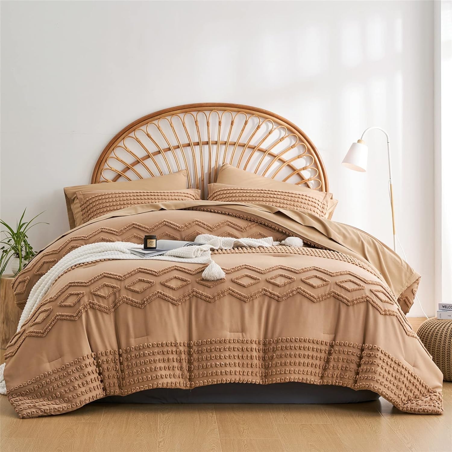Khaki Tufted Comforter Set, King Size 7 Piece Bed in a Bag, Shabby Chic Boho Comforter and Sheet Set, All Season (Khaki,King)