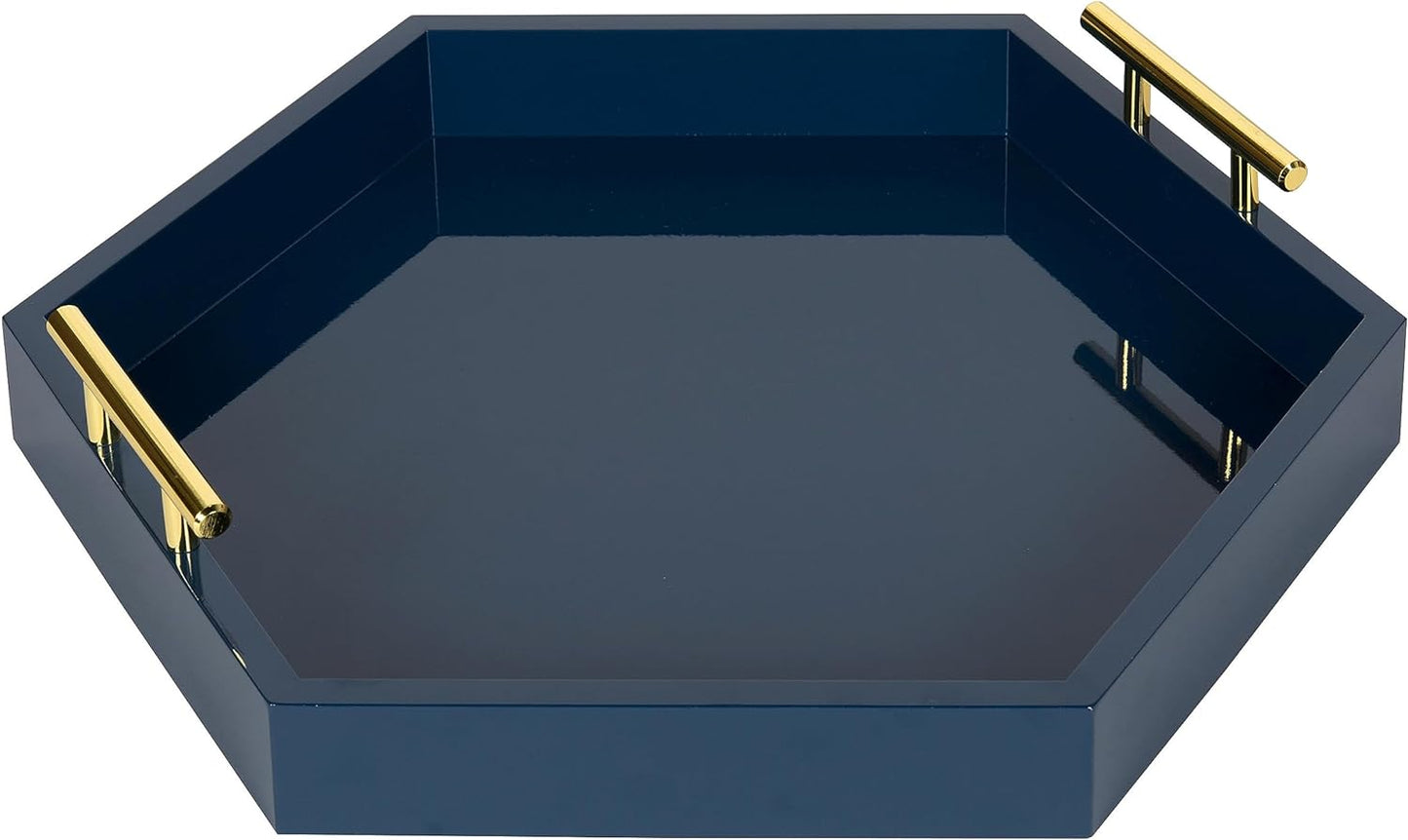 Lipton Hexagon Decorative Tray with Polished Metal Handles, Navy Blue and Gold