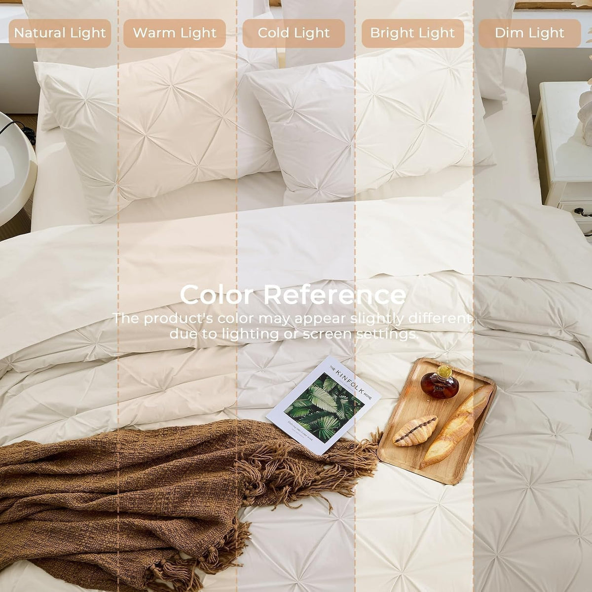 King Size Comforter Set, 7-Piece Bed in a Bag, Pintuck Bedding Set for All Season, Includes Comforter, Flat Sheet, Fitted Sheet, Pillowcases and Pillowshams, Beige