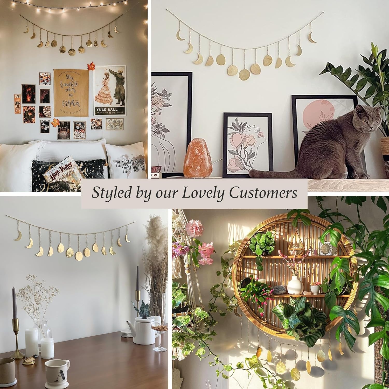 Moon Phase, Gold Wall Decor for Bedroom, Handmade Hammered Metal 36" 13 Phases Moon, Celestial Wall Art, Gift for Women & Kids