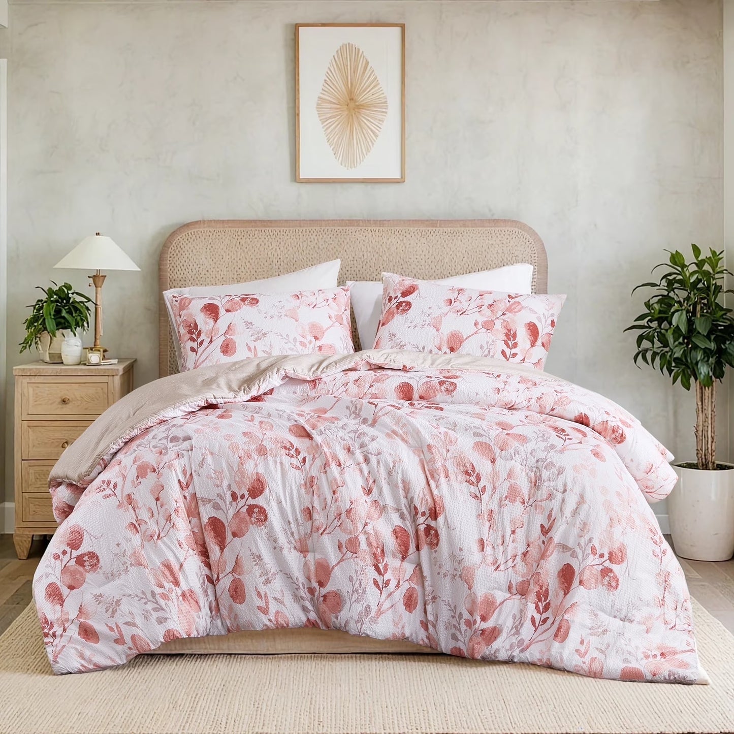 King/Cal King Comforter Sets, Reversible Seersucker Floral Bedding Sets, 3 Piece Lightweight Pink Blush Botanical Flowers Comforter Bed Set 