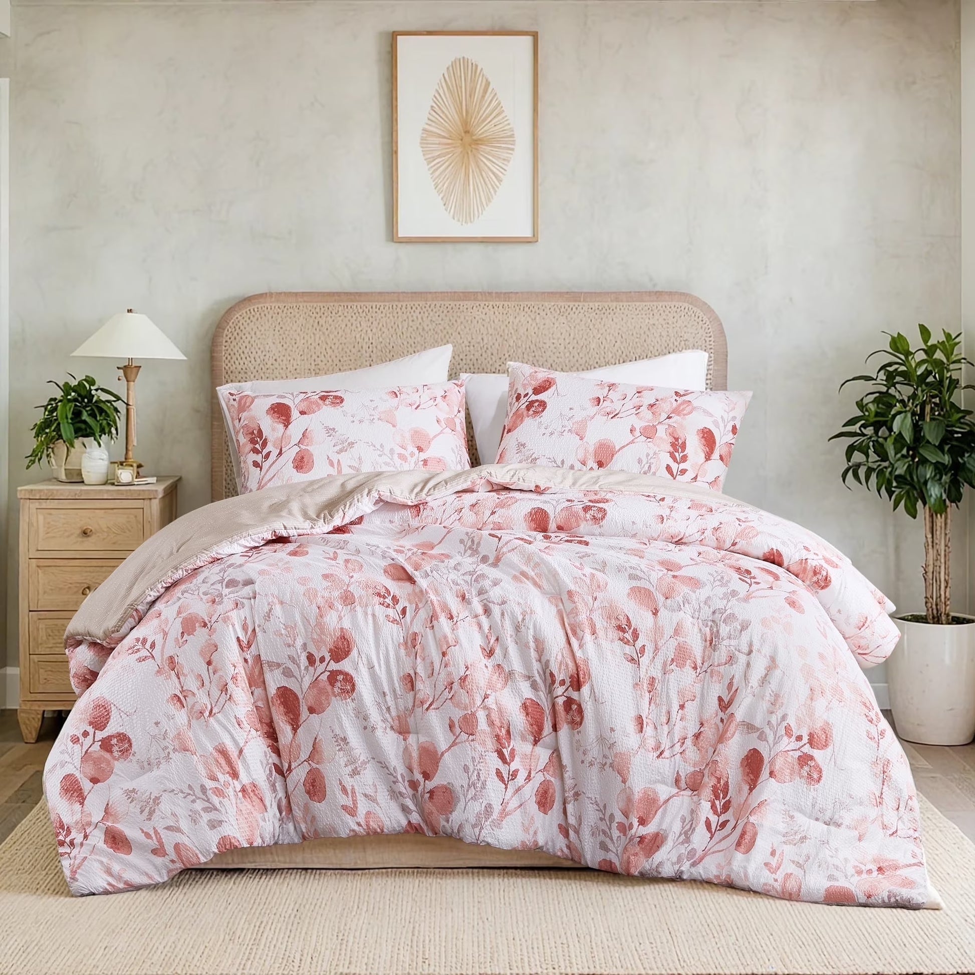 King/Cal King Comforter Sets, Reversible Seersucker Floral Bedding Sets, 3 Piece Lightweight Pink Blush Botanical Flowers Comforter Bed Set 