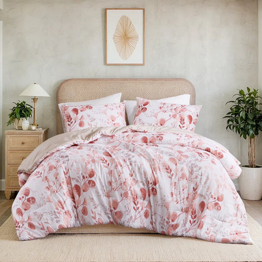 King/Cal King Comforter Sets, Reversible Seersucker Floral Bedding Sets, 3 Piece Lightweight Pink Blush Botanical Flowers Comforter Bed Set 