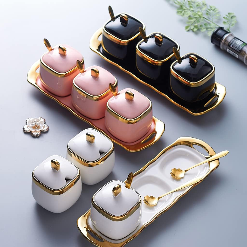 Sugar Bowl with Lid and Spoon, Ceramic Spice Containers for Countertop, Salt and Coffee Sugar Container Set, White Seasoning Bowls, Gold Condiment Container Set of 3 for Kitchen Coffee Bar