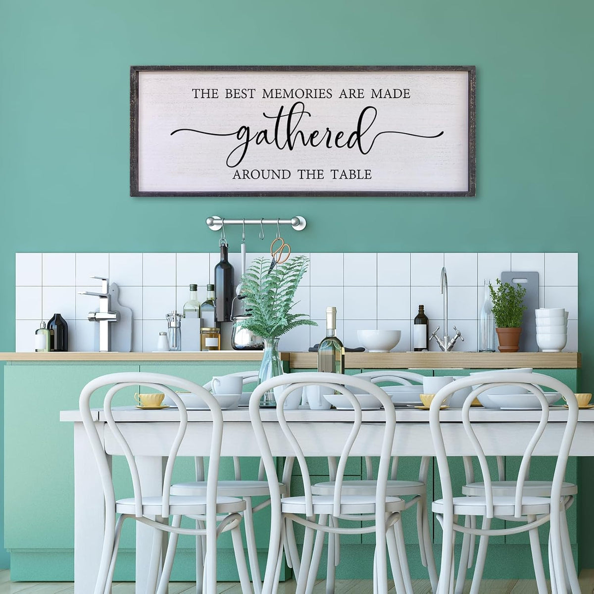 The Best Memories Are Made Gathered around the Table Wall Decor 40"X15" Large Rustic Farmhouse Wood Framed (Black)