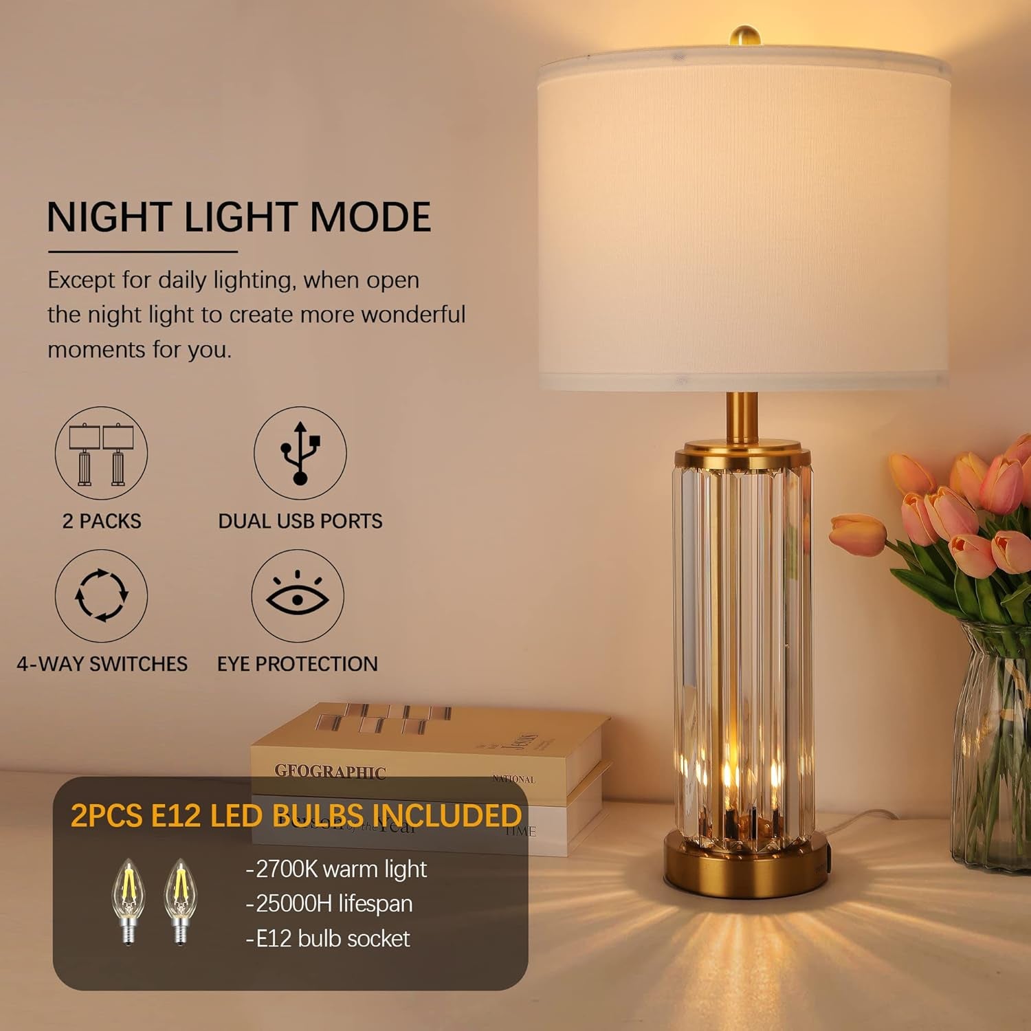 Gold Side Table Lamps, Set of 2 with Nightlight, Modern Bedside Lamp with 2 USB A+C Charging Port (Led Bulbs Included)