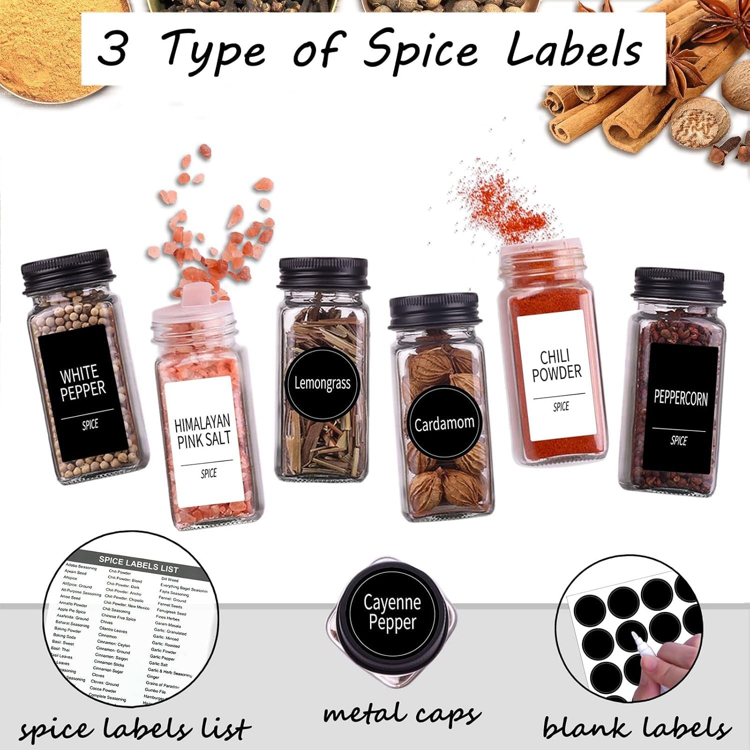 36 Pack Square Glass Spice Jars with Labels, 4Oz with Black Caps, Shaker Lids, 547 Labels, Funnel & Chalk Pen