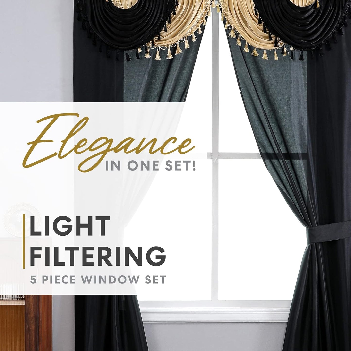 Amore 5-Piece Window Curtain Set, Panels with Attached Valance and 2 Tiebacks,54-Inch W X 84-Inch (Black/Gold)