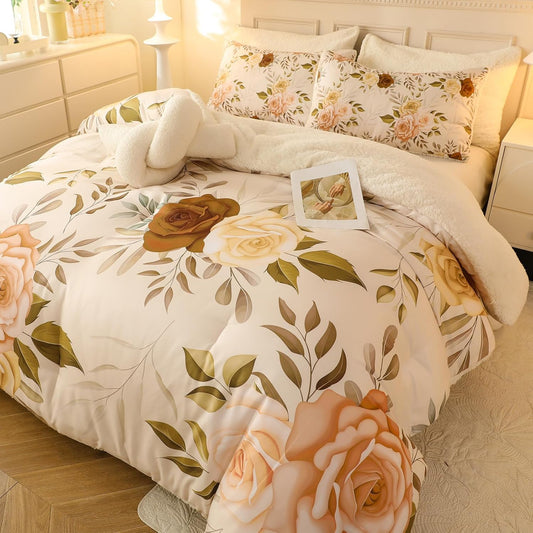 Floral Print Sherpa Comforter Set - Queen Size 3 Pieces Elegant Flowers Botanical Bedding Set, 90X90 In