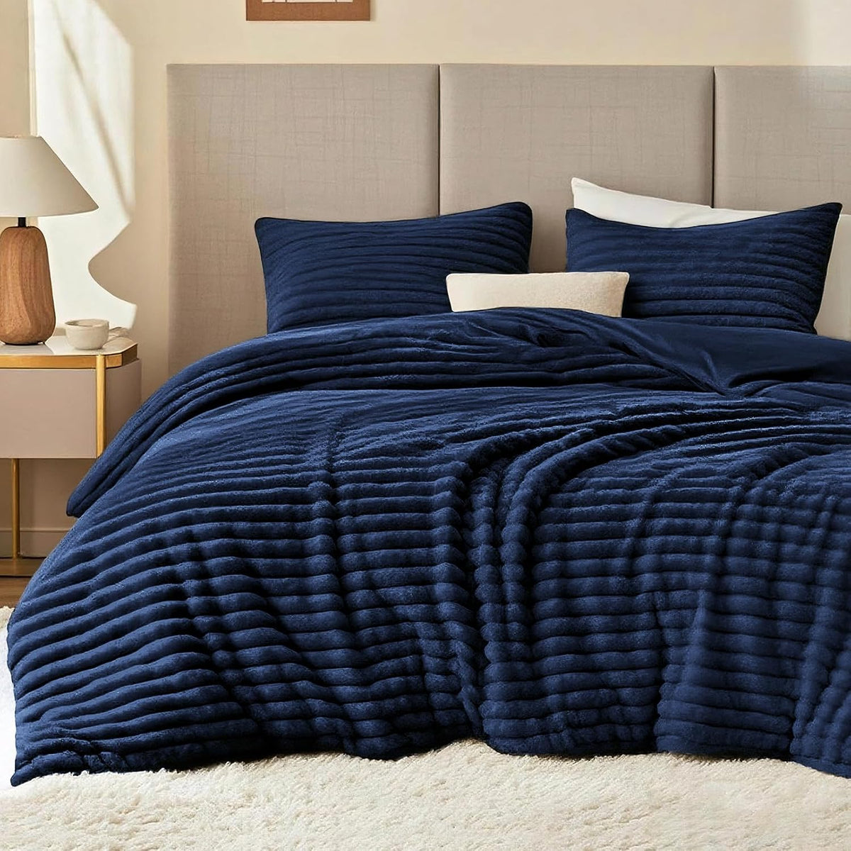 Fluffy Comforter Set Full Size,3 Pieces Bed Set,Navy Blue