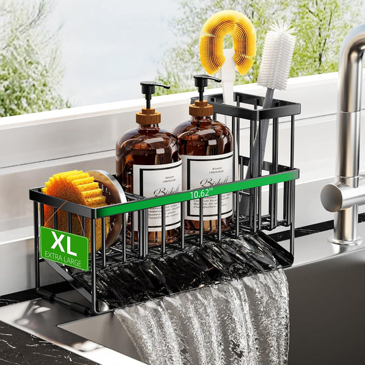 Extra Large Kitchen Sink Caddy Organizer with High Brush Holder, Sponge Holder for Sink