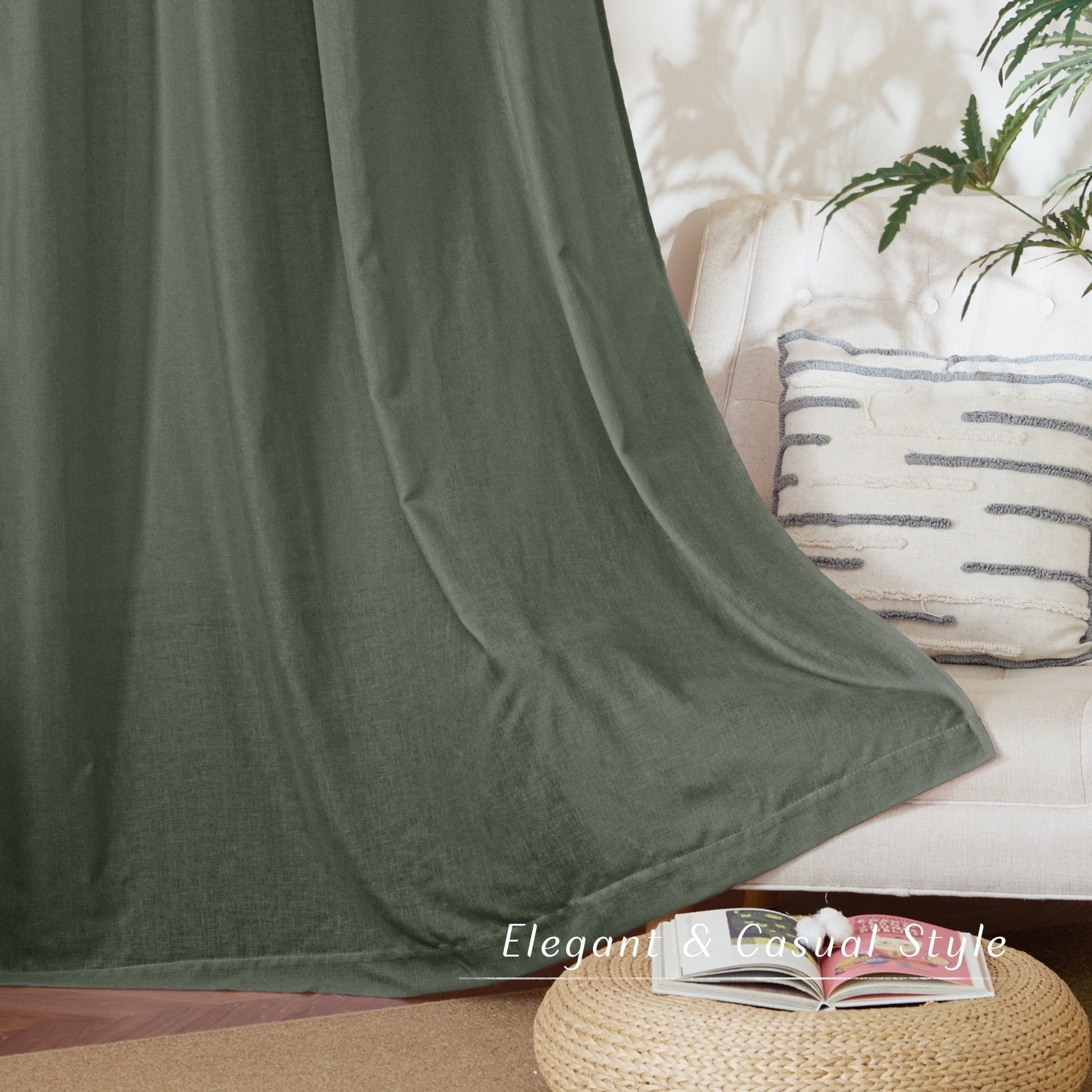 Linen Curtains 84 Inches Long, Grommet Thick Linen Blend Drape Farmhouse Light Filtering Privacy Protection Window Treatment, Lichen, 55"X84", 2 Panels