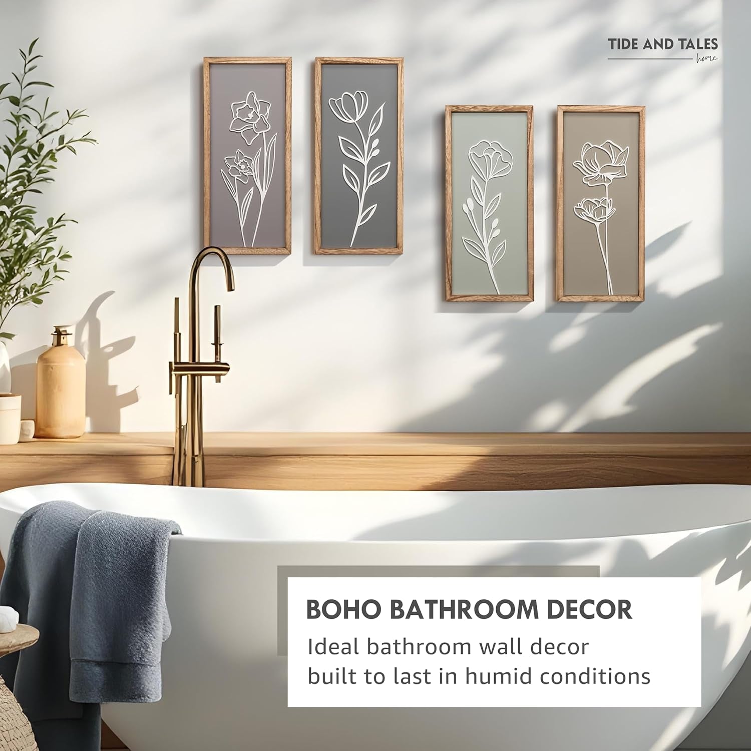 3D Wooden Floral Bathroom Wall Decor (Set of 4) Lightweight, Ready-To-Hang Framed Wall Art for Bedroom - Premium Boho Botanical Farmhouse Decorations