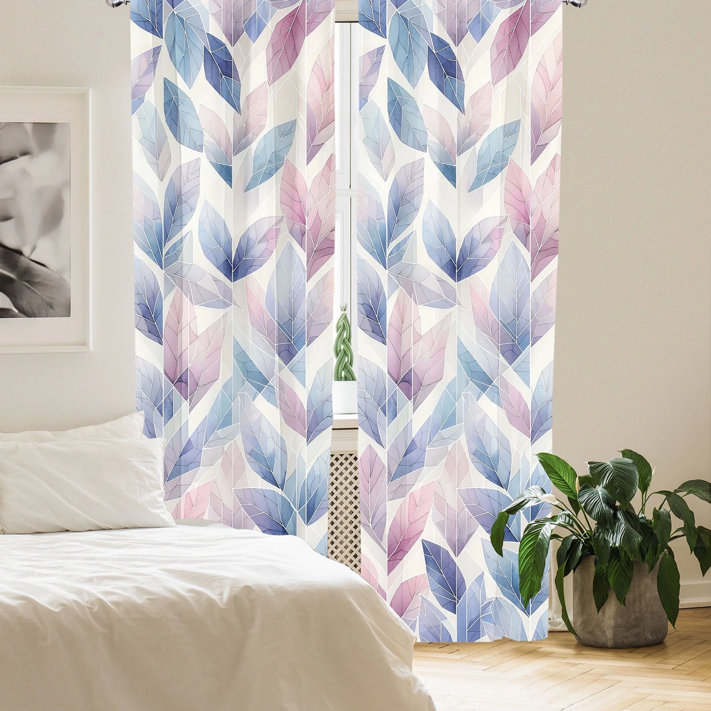 Leafy Art Curtains 2 Panel Set, Futurist Fractal Leaves, Pair of - 28" X 84", Lilac Lavender Blue Ivory