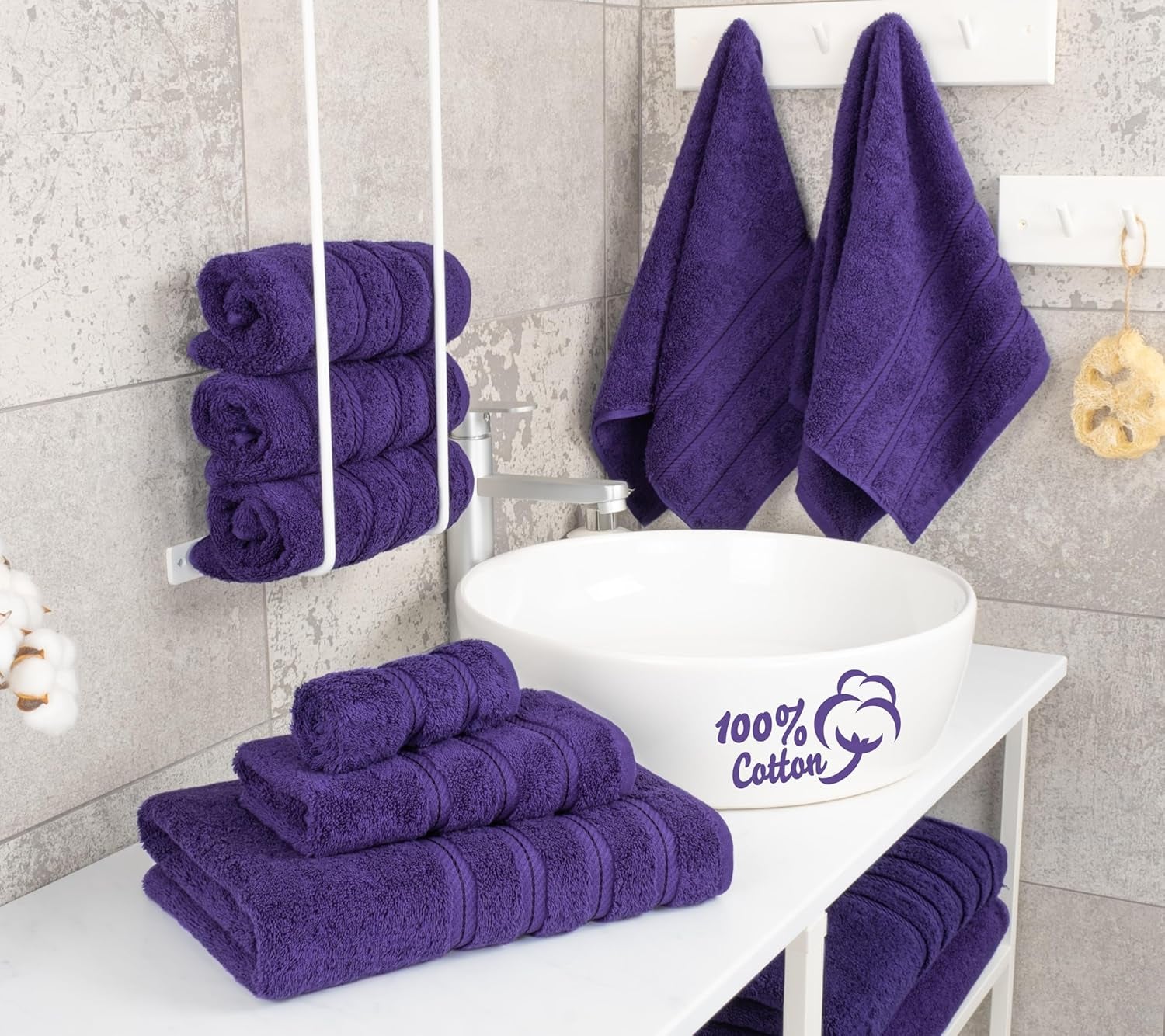 Luxury 6 Piece Towel Set, 100% Cotton Turkish Towels for Bathroom, Purple Towel Sets
