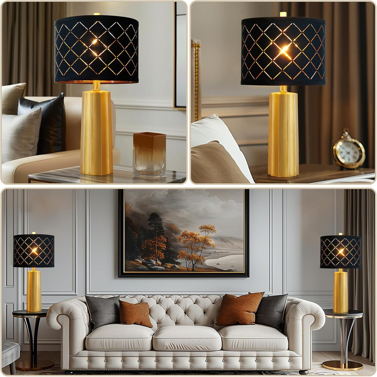 Set of 2 Modern Table Lamps, Gold Nightstand Resin Lamps with Black Grid Shade, 2 Bulbs Included (Gold)