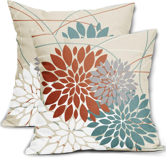 Orange Aqua Throw Pillow Covers 16X16 Dahlia Flower White Gray Elegant Colored, Set of 2