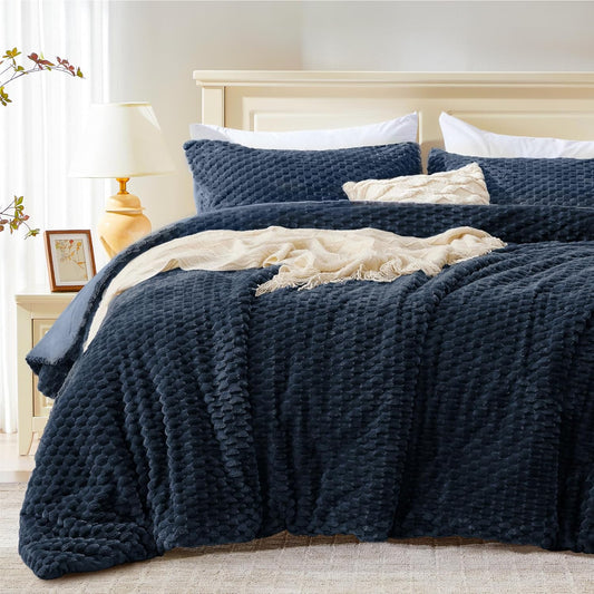 Fluffy Twin Comforter Set - Fleece Soft Comforter 2 Pieces, Navy Blue