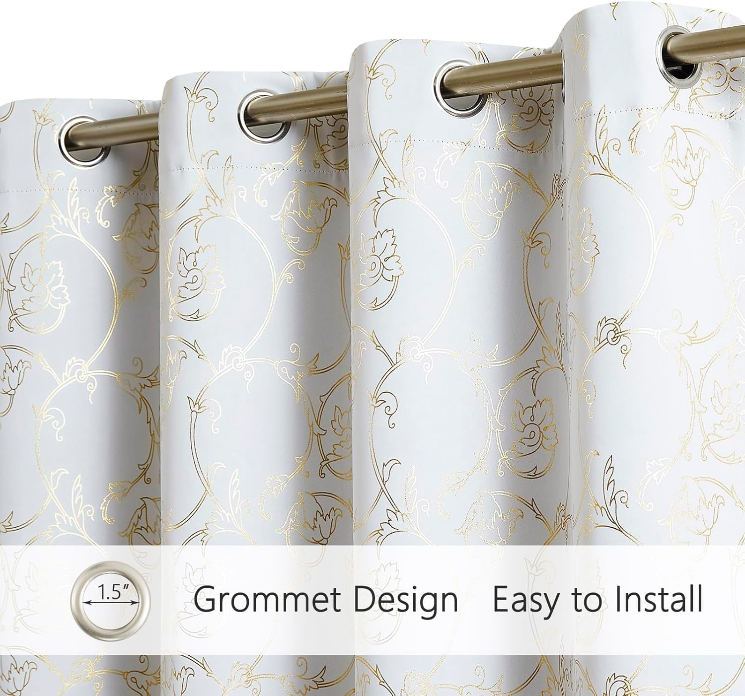 100% Blackout Curtains 84 Inches Long, Gold Floral Foil Pattern Drapes, 2 Panel Sets, Silvery White