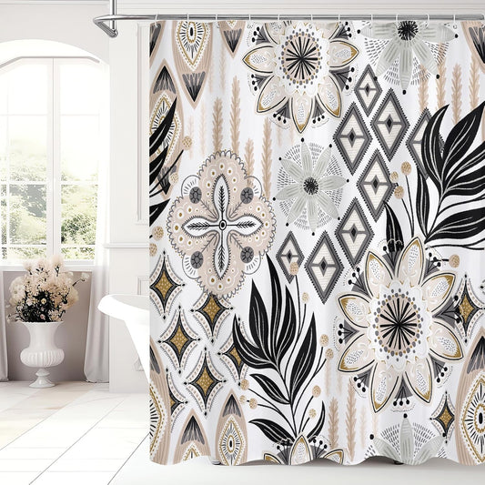 Boho Floral Shower Curtain, Farmhouse Modern Abstract Flower Shower Curtains for Rustic Vintage Bathroom Decor, 72X72